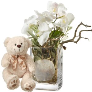 Orchideen-Design, inkl. Vase mit Teddybär (weiss)