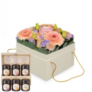Blumenbox «Barcelona» (15 cm) mit Honig Geschenk-Set