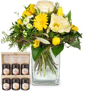 Blumenstrauss des Monats März mit Honig Geschenk-Set