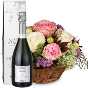 Ein Korb voll Poesie mit Rosen und Prosecco Albino Armani DOC (75cl)