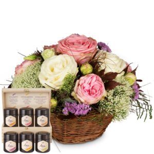Ein Korb voll Poesie mit Rosen mit Honig Geschenk-Set