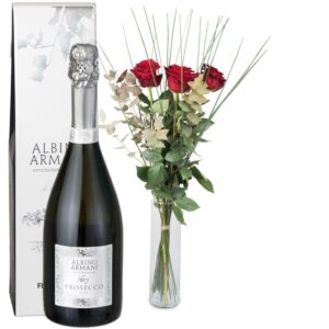 3 rote Rosen mit Grün und Prosecco Albino Armani DOC (75cl)