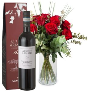 12 rote Rosen mit Grün und Ripasso Albino Armani DOC (75cl)