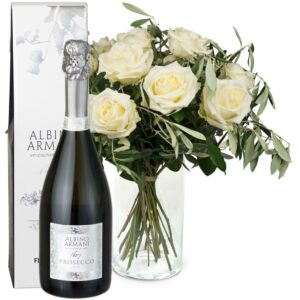 12 weisse Rosen mit Grün und Prosecco Albino Armani DOC (75cl)
