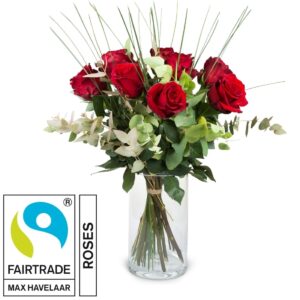 9 rote Fairtrade-Rosen Max Havelaar mit Grün
